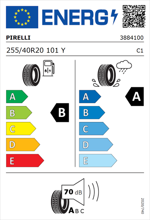 Tyre Label for Pirelli Powergy 255/40R20 101Y