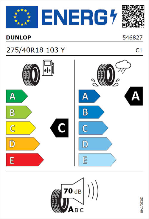 Tyre Label for Dunlop SP Sport Maxx RT 2 275/40R18 103Y