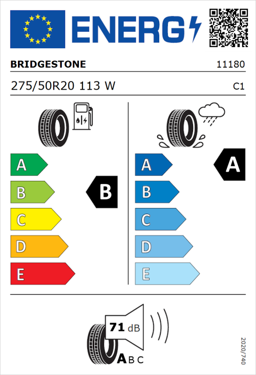 Tyre Label for Bridgestone Alenza 001 275/50R20 113W