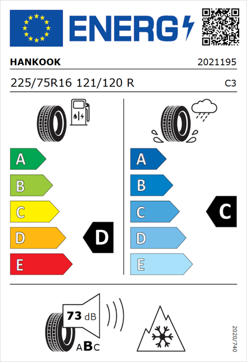 Tyre Label for Hankook Vantra ST AS2 RA30 225/75R16 121/120R