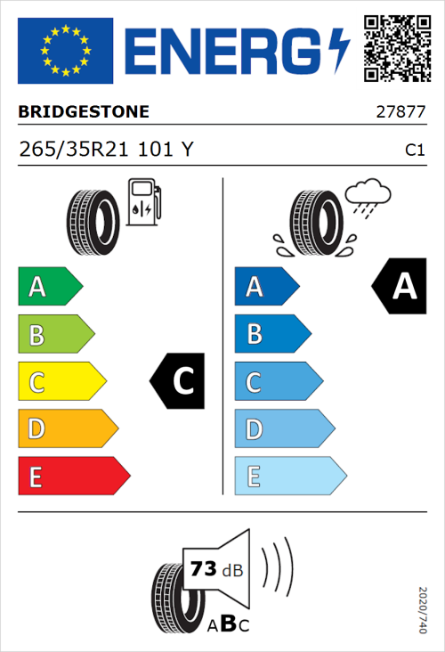 Tyre Label for Bridgestone Potenza Sport 265/35R21 101Y