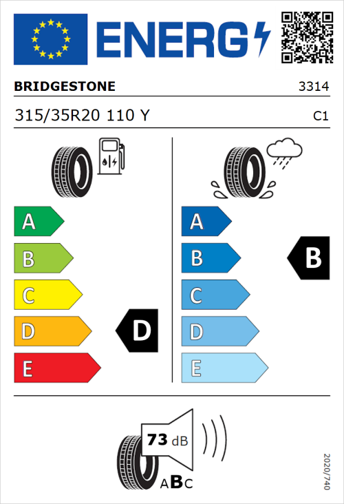 Tyre Label for Bridgestone Dueler H/P Sport 315/35R20 110Y