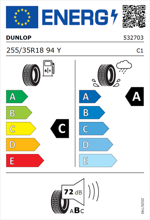 Tyre Label for Dunlop SP Sport Maxx RT 2 255/35R18 94Y
